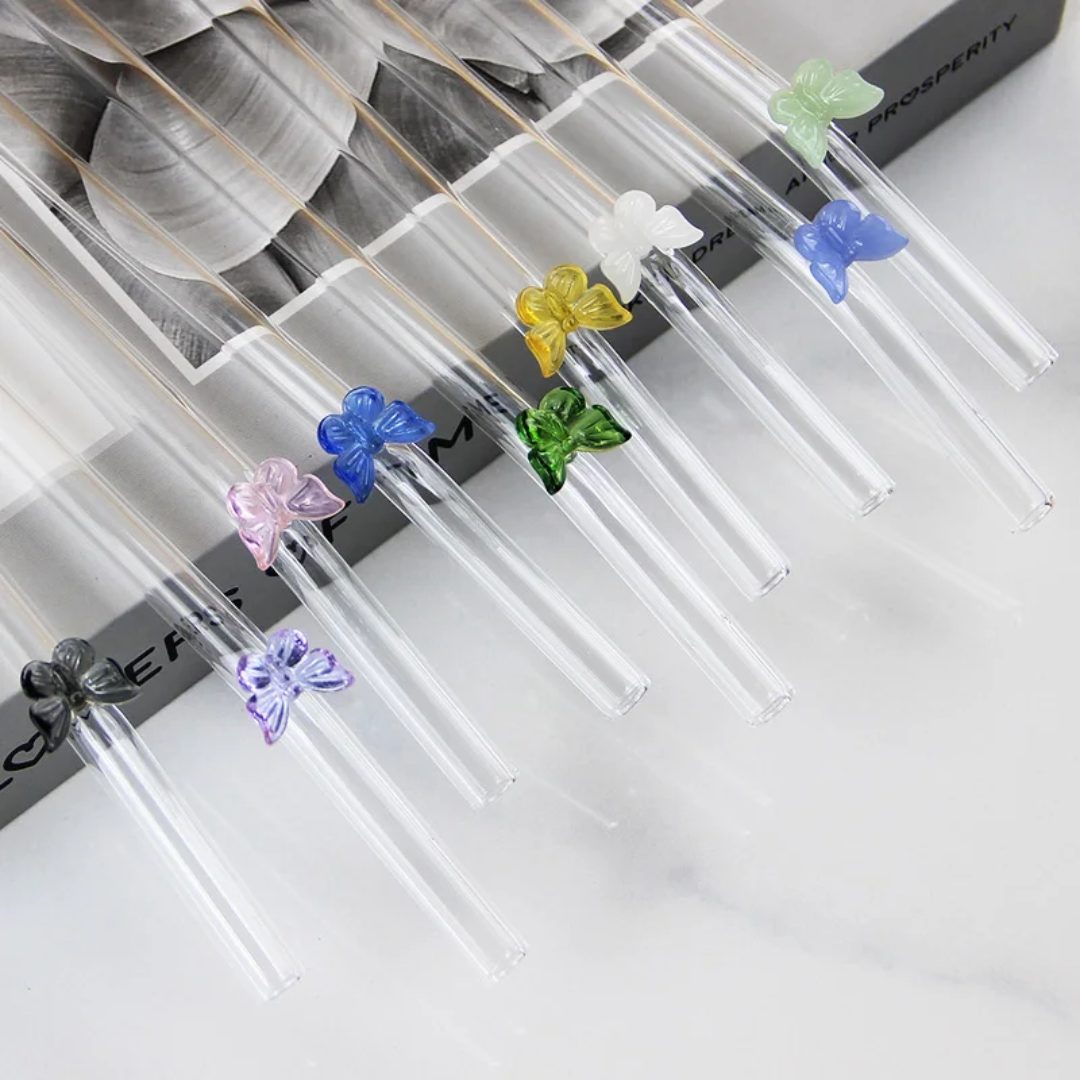 Pajita de vidrio. Mariposas. Colores