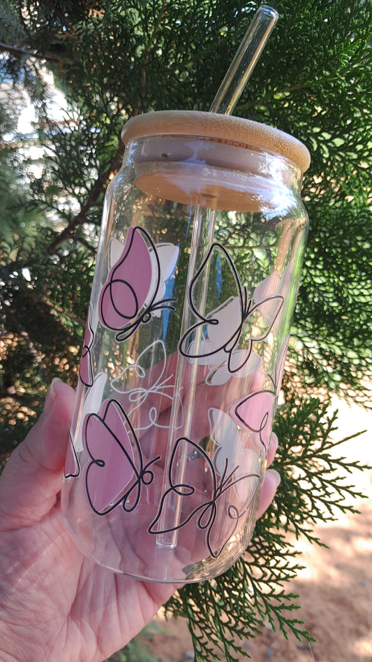 Vaso Mariposas Rosas Líneas.